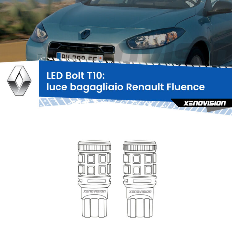 0 Luce Bagagliaio LED Renault Fluence 2010 - 2015: T10 Bolt <strong>Luce Bagagliaio LED per Renault Fluence</strong> 2010 - 2015. Coppia lampade <strong>T10</strong> modello Bolt canbus.