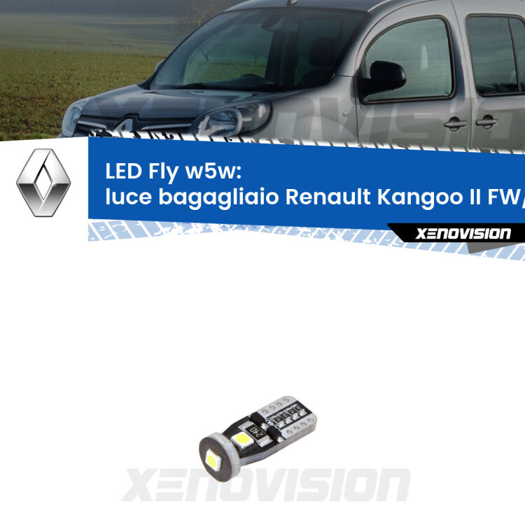 <strong>luce bagagliaio LED per Renault Kangoo II</strong> FW/KW 2008 in poi. Coppia lampadine <strong>w5w</strong> Canbus compatte modello Fly Xenovision.
