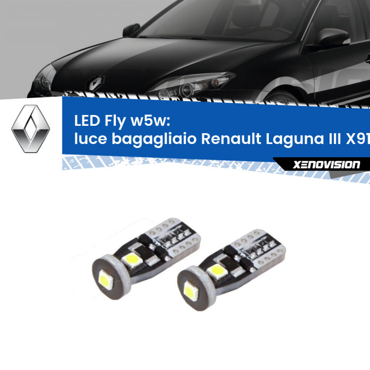 0 Luce Bagagliaio LED Renault Laguna III X91 2007 - 2015: W5W Fly <strong>luce bagagliaio LED per Renault Laguna III</strong> X91 2007 - 2015. Coppia lampadine <strong>w5w</strong> Canbus compatte modello Fly Xenovision.