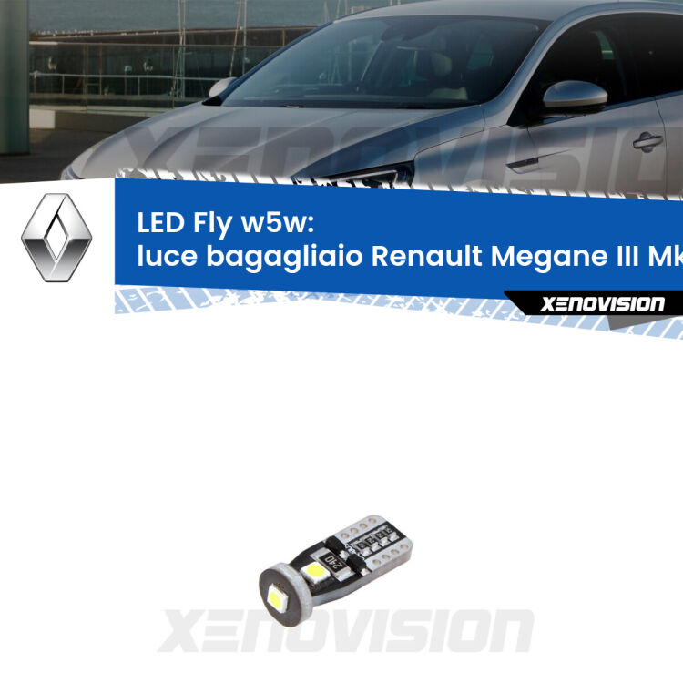 <strong>luce bagagliaio LED per Renault Megane III</strong> Mk3 2008 - 2015. Coppia lampadine <strong>w5w</strong> Canbus compatte modello Fly Xenovision.