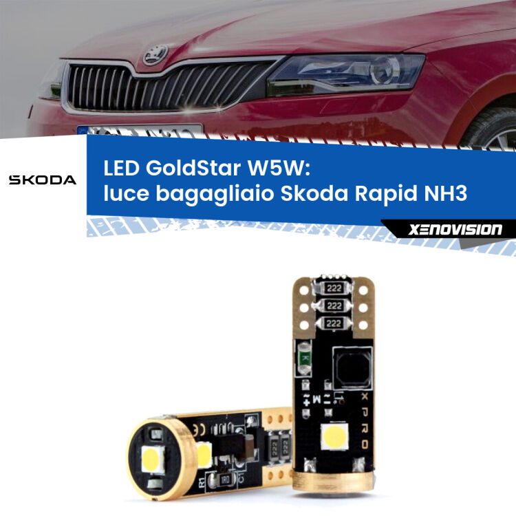 0 Luce Bagagliaio LED Skoda Rapid NH3 2012 - 2021: T10 GoldStar <strong>Luce Bagagliaio LED Skoda Rapid</strong> NH3 2012 - 2021: ottima luminosità a 360 gradi. Si inseriscono ovunque. Canbus, Top Quality.