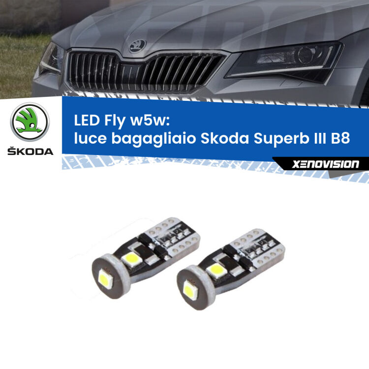 0 Luce Bagagliaio LED Skoda Superb III B8 2015 in poi: W5W Fly <strong>luce bagagliaio LED per Skoda Superb III</strong> B8 2015 in poi. Coppia lampadine <strong>w5w</strong> Canbus compatte modello Fly Xenovision.