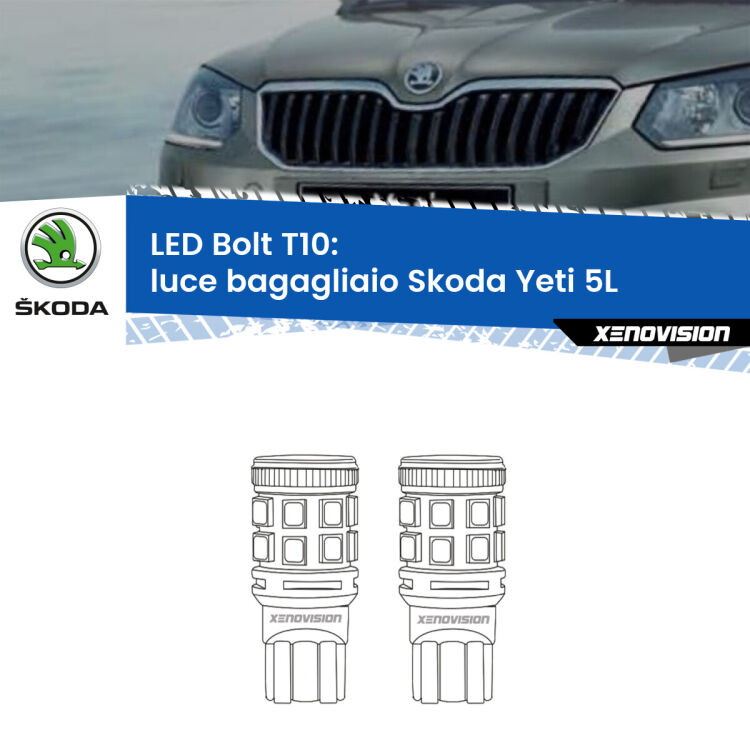 0 Luce Bagagliaio LED Skoda Yeti 5L 2009 - 2017: T10 Bolt <strong>Luce Bagagliaio LED per Skoda Yeti</strong> 5L 2009 - 2017. Coppia lampade <strong>T10</strong> modello Bolt canbus.