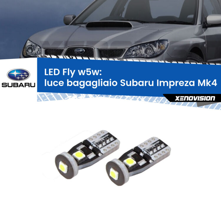 0 Luce Bagagliaio LED Subaru Impreza Mk4 2011 - 2015: W5W Fly <strong>luce bagagliaio LED per Subaru Impreza</strong> Mk4 2011 - 2015. Coppia lampadine <strong>w5w</strong> Canbus compatte modello Fly Xenovision.