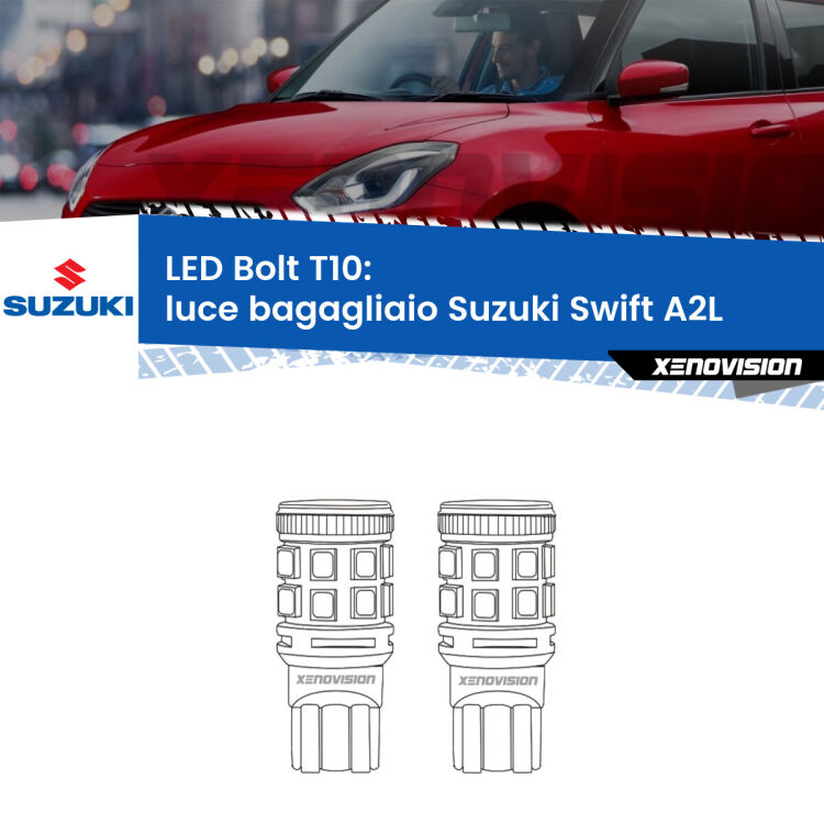 0 Luce Bagagliaio LED Suzuki Swift A2L 2017 in poi: T10 Bolt <strong>Luce Bagagliaio LED per Suzuki Swift</strong> A2L 2017 in poi. Coppia lampade <strong>T10</strong> modello Bolt canbus.