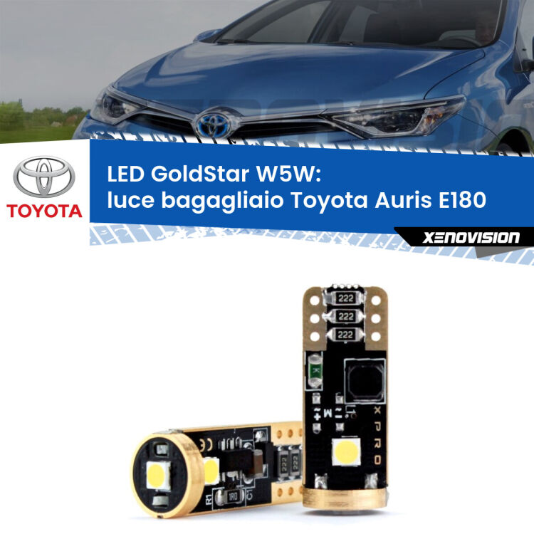 0 Luce Bagagliaio LED Toyota Auris E180 2012 - 2018: T10 GoldStar <strong>Luce Bagagliaio LED Toyota Auris</strong> E180 2012 - 2018: ottima luminosità a 360 gradi. Si inseriscono ovunque. Canbus, Top Quality.
