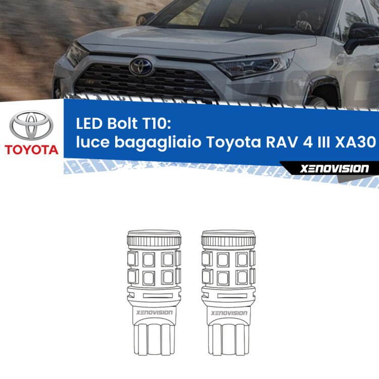 0 Luce Bagagliaio LED Toyota RAV 4 III XA30 2005 - 2014: T10 Bolt <strong>Luce Bagagliaio LED per Toyota RAV 4 III</strong> XA30 2005 - 2014. Coppia lampade <strong>T10</strong> modello Bolt canbus.