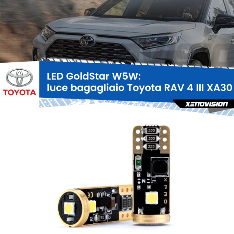 0 Luce Bagagliaio LED Toyota RAV 4 III XA30 2005 - 2014: T10 GoldStar <strong>Luce Bagagliaio LED Toyota RAV 4 III</strong> XA30 2005 - 2014: ottima luminosità a 360 gradi. Si inseriscono ovunque. Canbus, Top Quality.