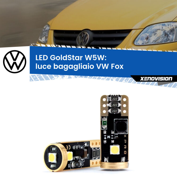 0 Luce Bagagliaio LED VW Fox 2003 - 2014: T10 GoldStar <strong>Luce Bagagliaio LED VW Fox</strong> 2003 - 2014: ottima luminosità a 360 gradi. Si inseriscono ovunque. Canbus, Top Quality.