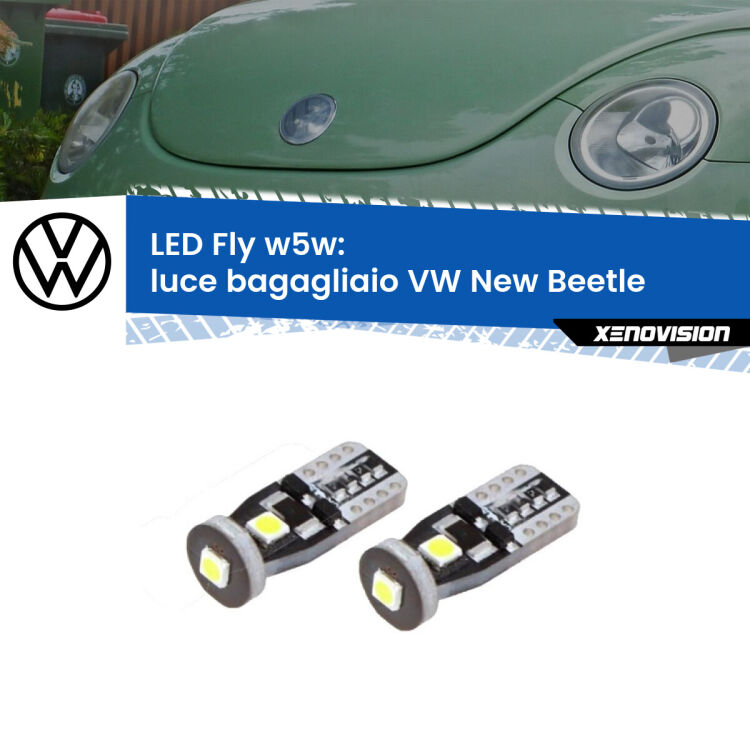 0 Luce Bagagliaio LED VW New Beetle 1998 - 2010: W5W Fly <strong>luce bagagliaio LED per VW New Beetle</strong> 1998 - 2010. Coppia lampadine <strong>w5w</strong> Canbus compatte modello Fly Xenovision.