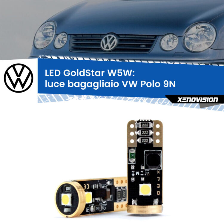 0 Luce Bagagliaio LED VW Polo 9N 2002 - 2008: T10 GoldStar <strong>Luce Bagagliaio LED VW Polo</strong> 9N 2002 - 2008: ottima luminosità a 360 gradi. Si inseriscono ovunque. Canbus, Top Quality.