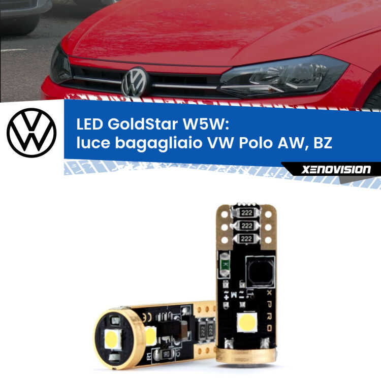 0 Luce Bagagliaio LED VW Polo AW, BZ 2017 in poi: T10 GoldStar <strong>Luce Bagagliaio LED VW Polo</strong> AW, BZ 2017 in poi: ottima luminosità a 360 gradi. Si inseriscono ovunque. Canbus, Top Quality.