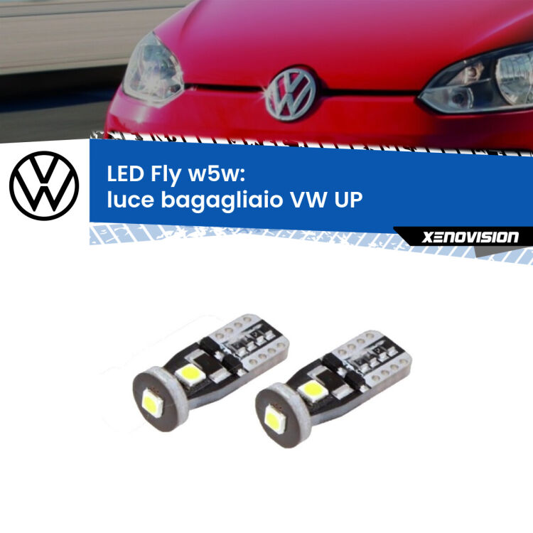 0 Luce Bagagliaio LED VW UP 2011 in poi: W5W Fly <strong>luce bagagliaio LED per VW UP</strong> 2011 in poi. Coppia lampadine <strong>w5w</strong> Canbus compatte modello Fly Xenovision.