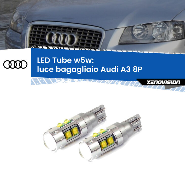 0 Luce Bagagliaio LED W5W Audi A3 8P 2003 - 2012 W5W Tube <strong>Luce Bagagliaio LED 6000k per Audi A3</strong> 8P 2003 - 2012. Lampadine <strong>W5W</strong> canbus modello Tube, luce bianco lunare, lunga durata e compatibilità.