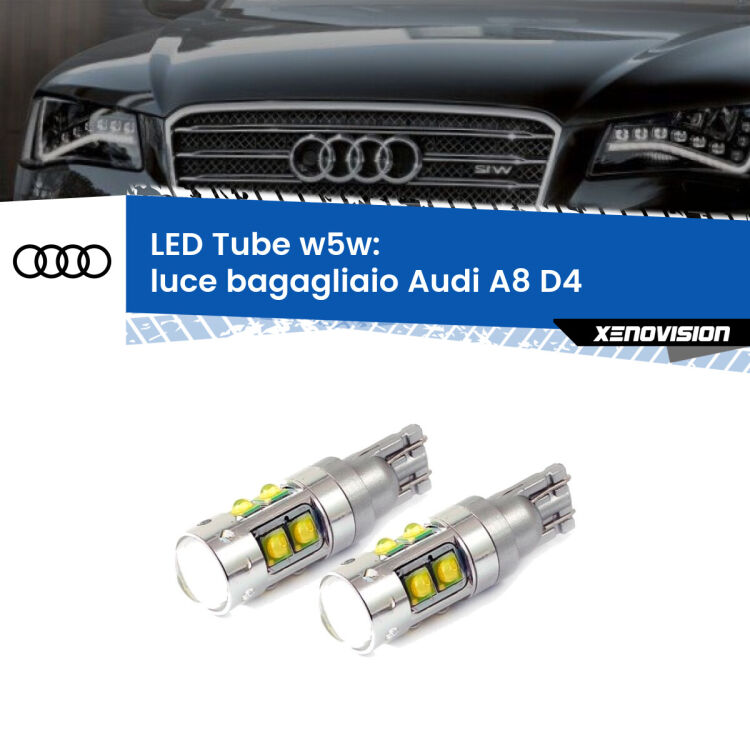 0 Luce Bagagliaio LED W5W Audi A8 D4 2009 - 2018 W5W Tube <strong>Luce Bagagliaio LED 6000k per Audi A8</strong> D4 2009 - 2018. Lampadine <strong>W5W</strong> canbus modello Tube, luce bianco lunare, lunga durata e compatibilità.