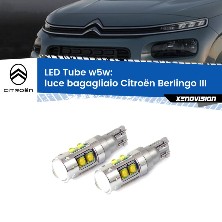 0 Luce Bagagliaio LED W5W Citroën Berlingo III 2018 in poi W5W Tube <strong>Luce Bagagliaio LED 6000k per Citroën Berlingo</strong> III 2018 in poi. Lampadine <strong>W5W</strong> canbus modello Tube, luce bianco lunare, lunga durata e compatibilità.