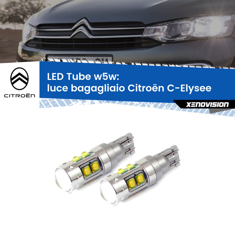 0 Luce Bagagliaio LED W5W Citroën C-Elysee 2012 in poi W5W Tube <strong>Luce Bagagliaio LED 6000k per Citroën C-Elysee</strong> 2012 in poi. Lampadine <strong>W5W</strong> canbus modello Tube, luce bianco lunare, lunga durata e compatibilità.
