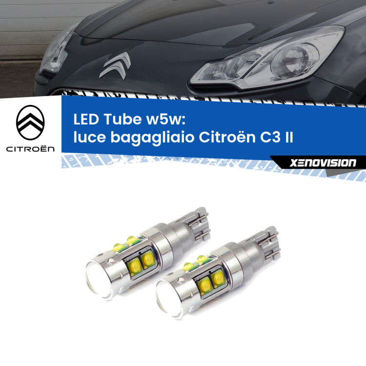 0 Luce Bagagliaio LED W5W Citroën C3 II 2009 - 2016 W5W Tube <strong>Luce Bagagliaio LED 6000k per Citroën C3</strong> II 2009 - 2016. Lampadine <strong>W5W</strong> canbus modello Tube, luce bianco lunare, lunga durata e compatibilità.