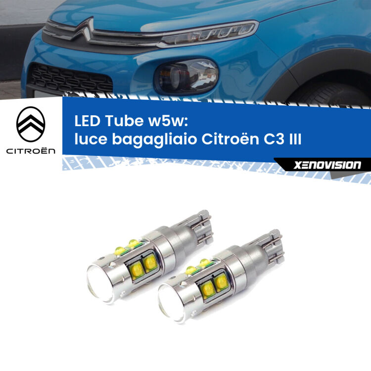 0 Luce Bagagliaio LED W5W Citroën C3 III 2016 in poi W5W Tube <strong>Luce Bagagliaio LED 6000k per Citroën C3</strong> III 2016 in poi. Lampadine <strong>W5W</strong> canbus modello Tube, luce bianco lunare, lunga durata e compatibilità.
