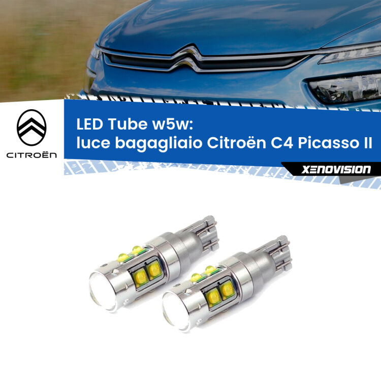 0 Luce Bagagliaio LED W5W Citroën C4 Picasso II 2013 in poi W5W Tube <strong>Luce Bagagliaio LED 6000k per Citroën C4 Picasso</strong> II 2013 in poi. Lampadine <strong>W5W</strong> canbus modello Tube, luce bianco lunare, lunga durata e compatibilità.