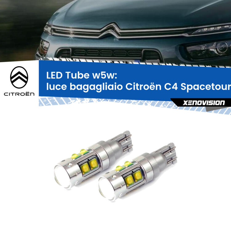 0 Luce Bagagliaio LED W5W Citroën C4 Spacetourer  2018 in poi W5W Tube <strong>Luce Bagagliaio LED 6000k per Citroën C4 Spacetourer</strong>  2018 in poi. Lampadine <strong>W5W</strong> canbus modello Tube, luce bianco lunare, lunga durata e compatibilità.