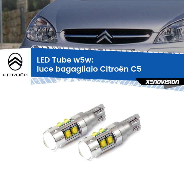 0 Luce Bagagliaio LED W5W Citroën C5 2001 - 2004 W5W Tube <strong>Luce Bagagliaio LED 6000k per Citroën C5</strong> 2001 - 2004. Lampadine <strong>W5W</strong> canbus modello Tube, luce bianco lunare, lunga durata e compatibilità.