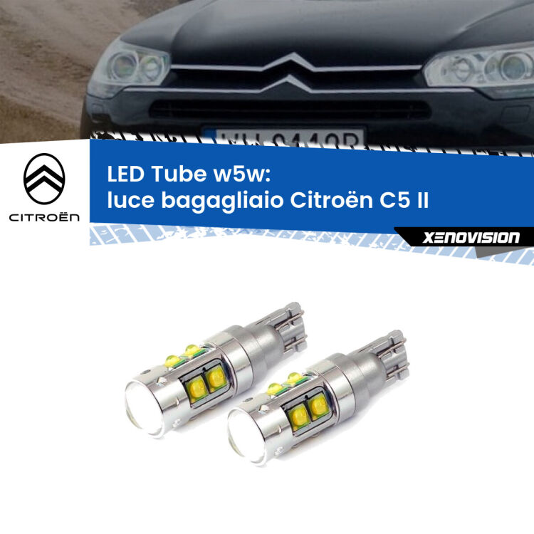 0 Luce Bagagliaio LED W5W Citroën C5 II 2008 - 2014 W5W Tube <strong>Luce Bagagliaio LED 6000k per Citroën C5</strong> II 2008 - 2014. Lampadine <strong>W5W</strong> canbus modello Tube, luce bianco lunare, lunga durata e compatibilità.