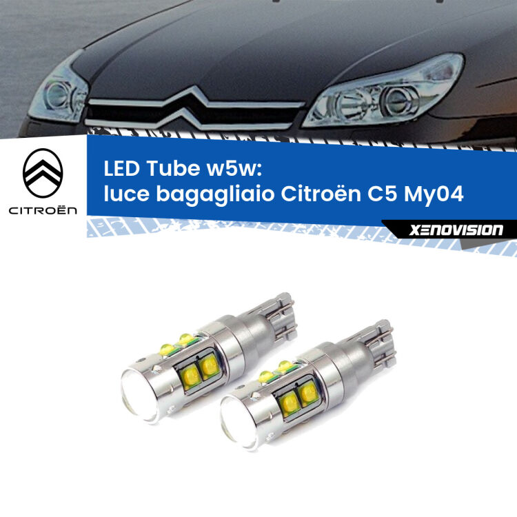 0 Luce Bagagliaio LED W5W Citroën C5 My04 2004 - 2008 W5W Tube <strong>Luce Bagagliaio LED 6000k per Citroën C5</strong> My04 2004 - 2008. Lampadine <strong>W5W</strong> canbus modello Tube, luce bianco lunare, lunga durata e compatibilità.