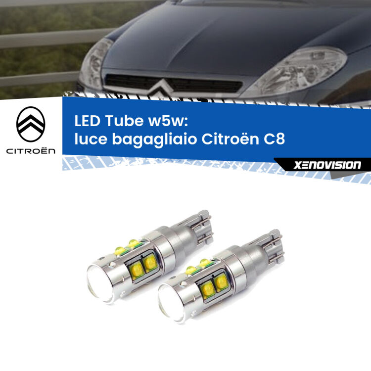 0 Luce Bagagliaio LED W5W Citroën C8 2002 - 2010 W5W Tube <strong>Luce Bagagliaio LED 6000k per Citroën C8</strong> 2002 - 2010. Lampadine <strong>W5W</strong> canbus modello Tube, luce bianco lunare, lunga durata e compatibilità.