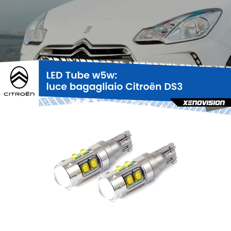 0 Luce Bagagliaio LED W5W Citroën DS3  2009 - 2015 W5W Tube <strong>Luce Bagagliaio LED 6000k per Citroën DS3</strong>  2009 - 2015. Lampadine <strong>W5W</strong> canbus modello Tube, luce bianco lunare, lunga durata e compatibilità.