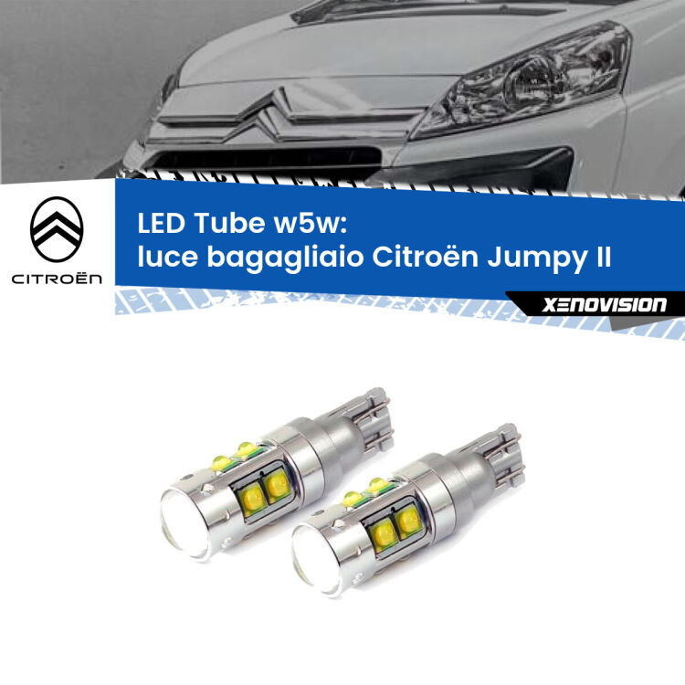 0 Luce Bagagliaio LED W5W Citroën Jumpy II 2006 - 2015 W5W Tube <strong>Luce Bagagliaio LED 6000k per Citroën Jumpy</strong> II 2006 - 2015. Lampadine <strong>W5W</strong> canbus modello Tube, luce bianco lunare, lunga durata e compatibilità.