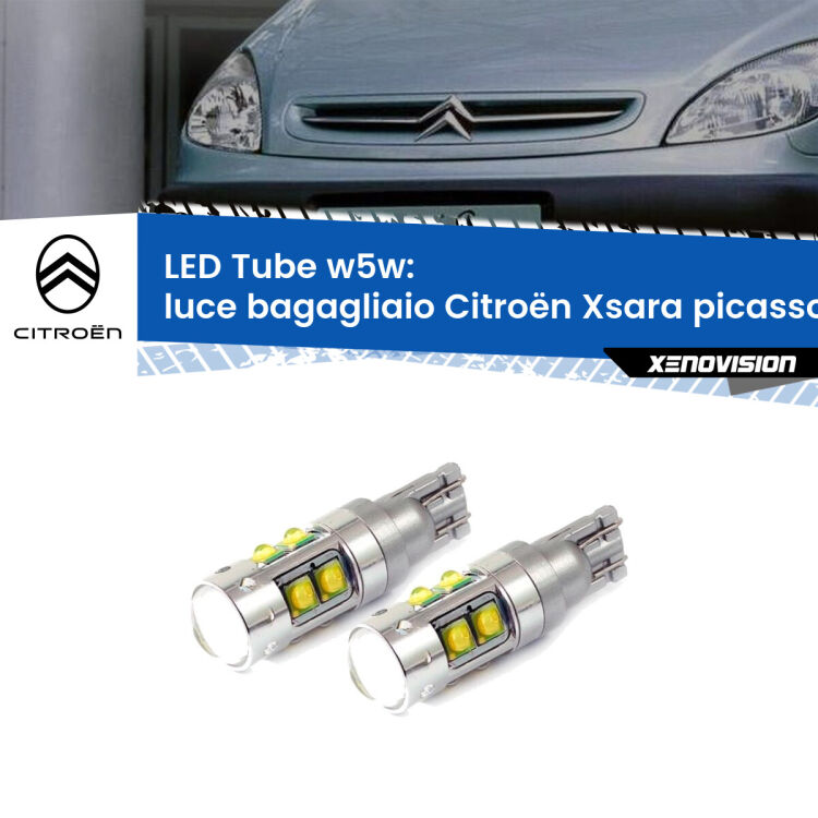 0 Luce Bagagliaio LED W5W Citroën Xsara picasso 1999 - 2012 W5W Tube <strong>Luce Bagagliaio LED 6000k per Citroën Xsara picasso</strong> 1999 - 2012. Lampadine <strong>W5W</strong> canbus modello Tube, luce bianco lunare, lunga durata e compatibilità.