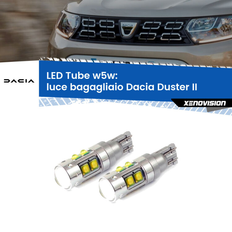 0 Luce Bagagliaio LED W5W Dacia Duster II 2017 in poi W5W Tube <strong>Luce Bagagliaio LED 6000k per Dacia Duster</strong> II 2017 in poi. Lampadine <strong>W5W</strong> canbus modello Tube, luce bianco lunare, lunga durata e compatibilità.