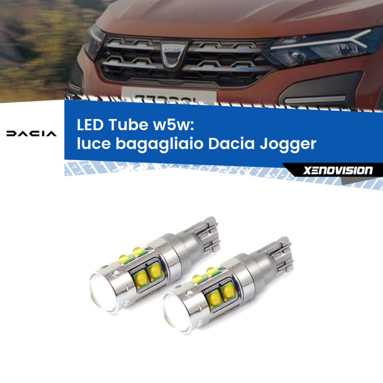 0 Luce Bagagliaio LED W5W Dacia Jogger 2021 in poi W5W Tube <strong>Luce Bagagliaio LED 6000k per Dacia Jogger</strong> 2021 in poi. Lampadine <strong>W5W</strong> canbus modello Tube, luce bianco lunare, lunga durata e compatibilità.