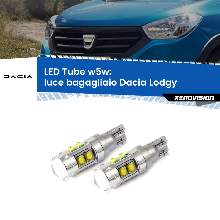 0 Luce Bagagliaio LED W5W Dacia Lodgy 2012 in poi W5W Tube <strong>Luce Bagagliaio LED 6000k per Dacia Lodgy</strong> 2012 in poi. Lampadine <strong>W5W</strong> canbus modello Tube, luce bianco lunare, lunga durata e compatibilità.