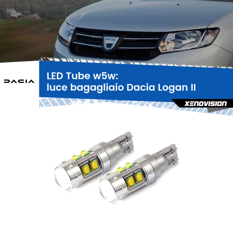 0 Luce Bagagliaio LED W5W Dacia Logan II 2012 in poi W5W Tube <strong>Luce Bagagliaio LED 6000k per Dacia Logan</strong> II 2012 in poi. Lampadine <strong>W5W</strong> canbus modello Tube, luce bianco lunare, lunga durata e compatibilità.