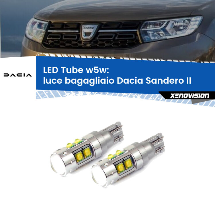 0 Luce Bagagliaio LED W5W Dacia Sandero II 2012 in poi W5W Tube <strong>Luce Bagagliaio LED 6000k per Dacia Sandero II</strong> 2012 in poi. Lampadine <strong>W5W</strong> canbus modello Tube, luce bianco lunare, lunga durata e compatibilità.