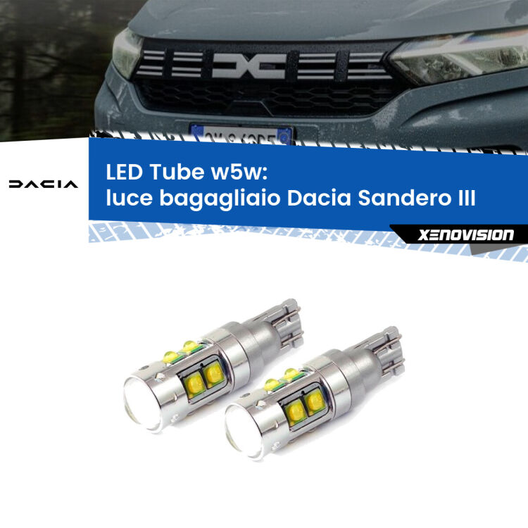 0 Luce Bagagliaio LED W5W Dacia Sandero III 2020 in poi W5W Tube <strong>Luce Bagagliaio LED 6000k per Dacia Sandero III</strong> 2020 in poi. Lampadine <strong>W5W</strong> canbus modello Tube, luce bianco lunare, lunga durata e compatibilità.