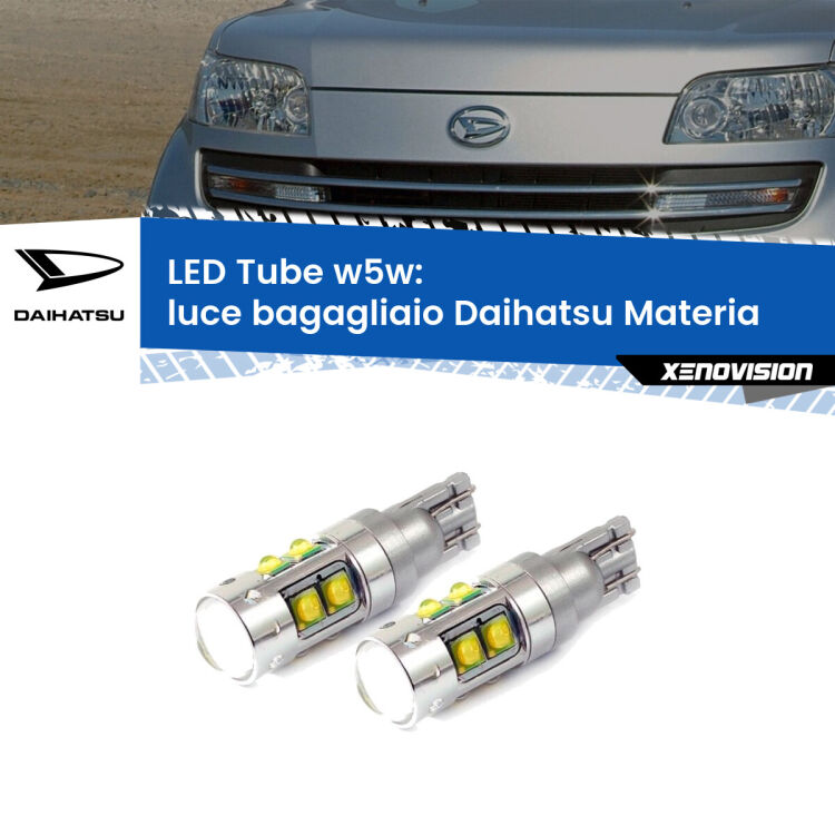 0 Luce Bagagliaio LED W5W Daihatsu Materia 2006 in poi W5W Tube <strong>Luce Bagagliaio LED 6000k per Daihatsu Materia</strong> 2006 in poi. Lampadine <strong>W5W</strong> canbus modello Tube, luce bianco lunare, lunga durata e compatibilità.