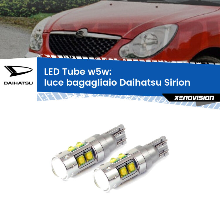 0 Luce Bagagliaio LED W5W Daihatsu Sirion 2005 - 2008 W5W Tube <strong>Luce Bagagliaio LED 6000k per Daihatsu Sirion</strong> 2005 - 2008. Lampadine <strong>W5W</strong> canbus modello Tube, luce bianco lunare, lunga durata e compatibilità.