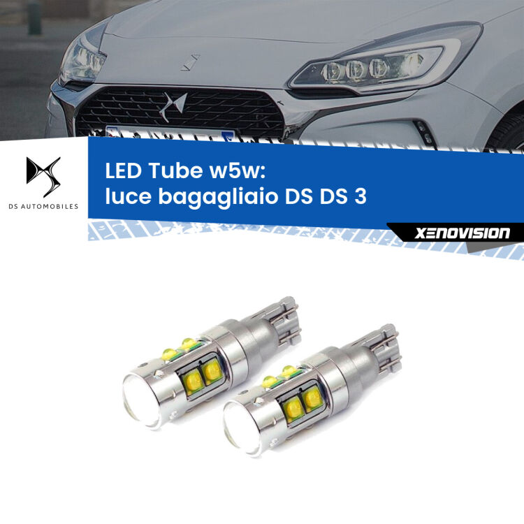 0 Luce Bagagliaio LED W5W DS DS 3 2015 in poi W5W Tube <strong>Luce Bagagliaio LED 6000k per DS DS 3</strong> 2015 in poi. Lampadine <strong>W5W</strong> canbus modello Tube, luce bianco lunare, lunga durata e compatibilità.