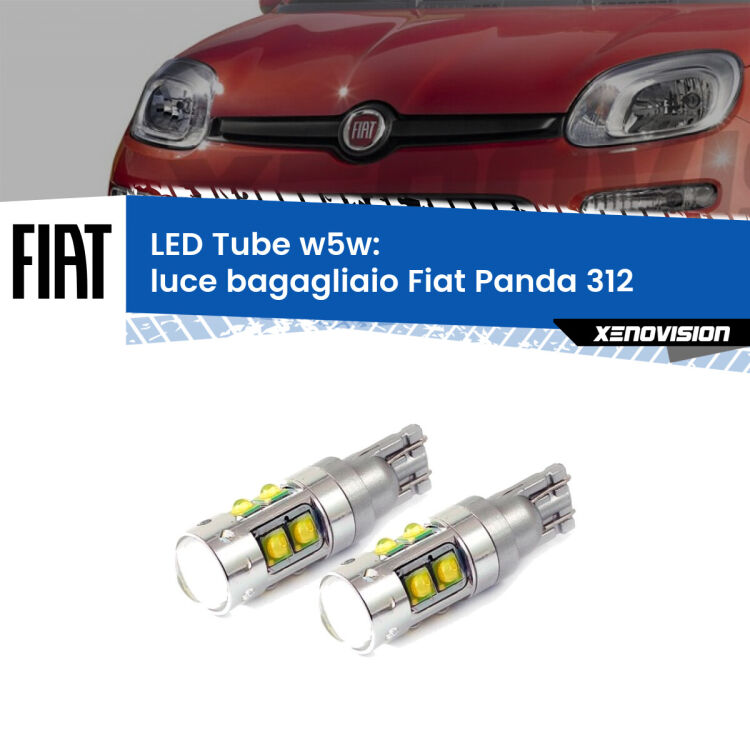 0 Luce Bagagliaio LED W5W Fiat Panda 312 2012 in poi W5W Tube <strong>Luce Bagagliaio LED 6000k per Fiat Panda</strong> 312 2012 in poi. Lampadine <strong>W5W</strong> canbus modello Tube, luce bianco lunare, lunga durata e compatibilità.