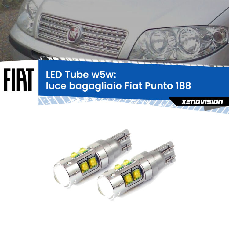 0 Luce Bagagliaio LED W5W Fiat Punto 188 1999 - 2010 W5W Tube <strong>Luce Bagagliaio LED 6000k per Fiat Punto</strong> 188 1999 - 2010. Lampadine <strong>W5W</strong> canbus modello Tube, luce bianco lunare, lunga durata e compatibilità.