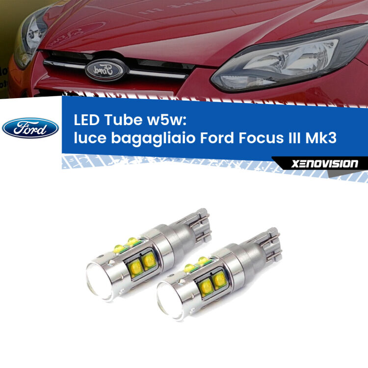 0 Luce Bagagliaio LED W5W Ford Focus Mk3 2011 - 2014 W5W Tube <strong>Luce Bagagliaio LED 6000k per Ford Focus</strong> Mk3 2011 - 2014. Lampadine <strong>W5W</strong> canbus modello Tube, luce bianco lunare, lunga durata e compatibilità.