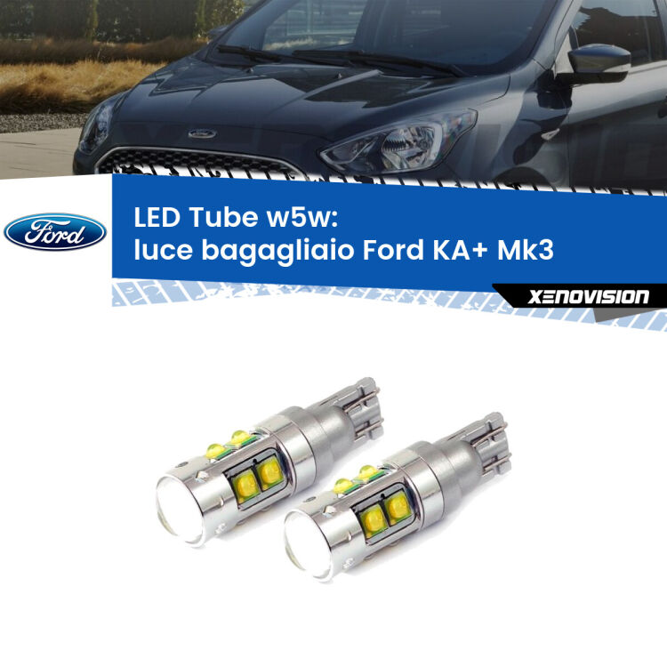 0 Luce Bagagliaio LED W5W Ford KA+ Mk3 2014 - 2018 W5W Tube <strong>Luce Bagagliaio LED 6000k per Ford KA+</strong> Mk3 2014 - 2018. Lampadine <strong>W5W</strong> canbus modello Tube, luce bianco lunare, lunga durata e compatibilità.