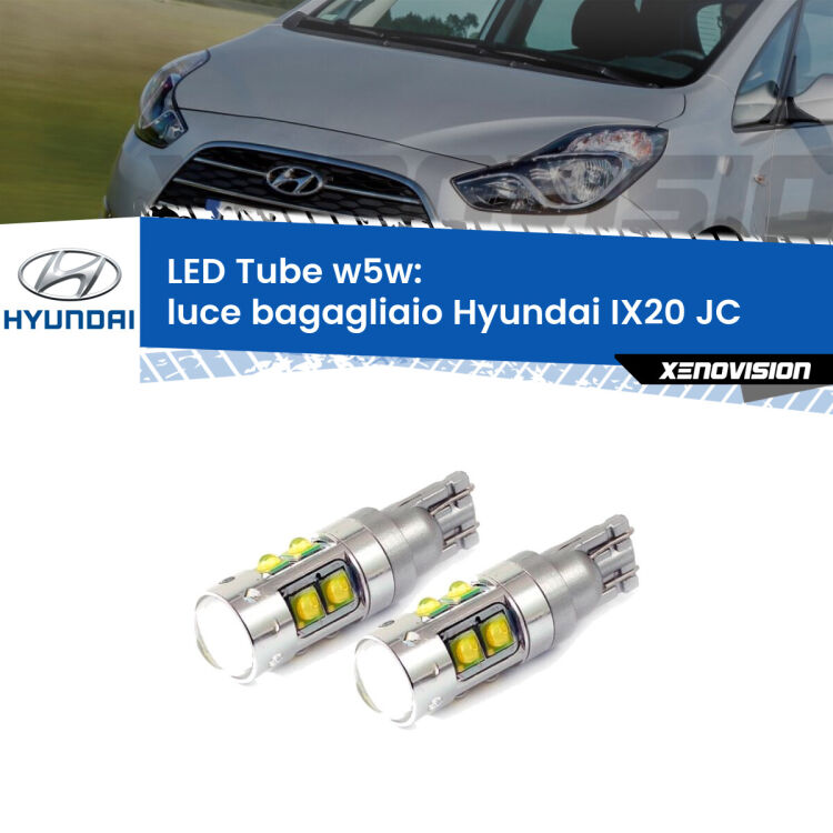 0 Luce Bagagliaio LED W5W Hyundai IX20 JC 2010 in poi W5W Tube <strong>Luce Bagagliaio LED 6000k per Hyundai IX20</strong> JC 2010 in poi. Lampadine <strong>W5W</strong> canbus modello Tube, luce bianco lunare, lunga durata e compatibilità.