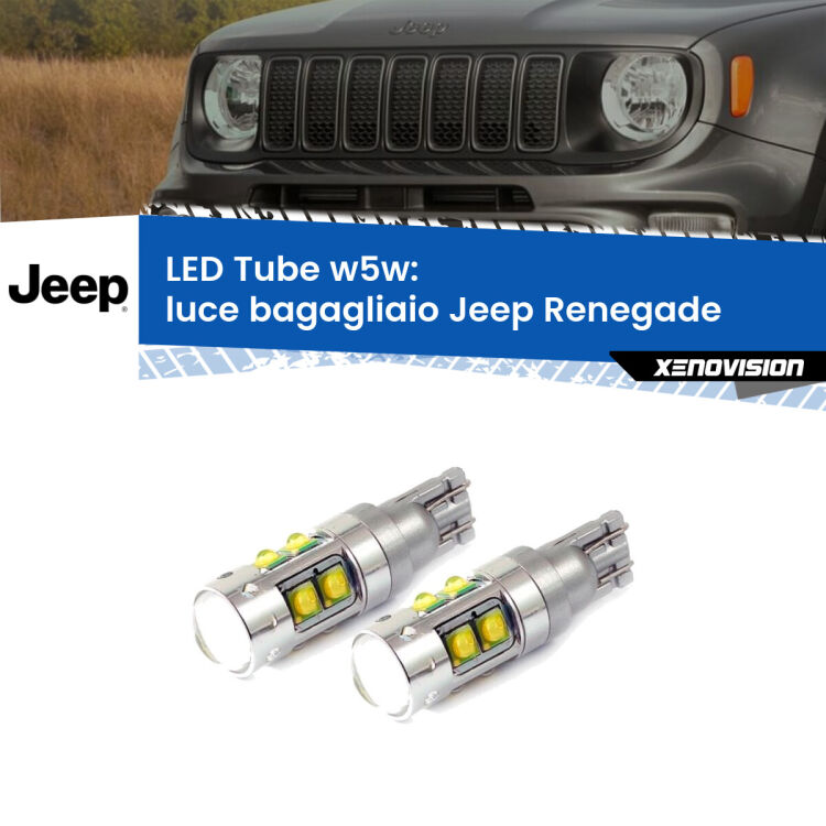 0 Luce Bagagliaio LED W5W Jeep Renegade 2014 in poi W5W Tube <strong>Luce Bagagliaio LED 6000k per Jeep Renegade</strong> 2014 in poi. Lampadine <strong>W5W</strong> canbus modello Tube, luce bianco lunare, lunga durata e compatibilità.