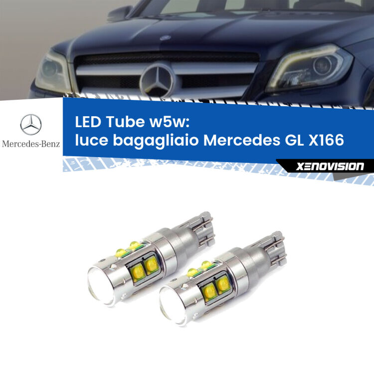 0 Luce Bagagliaio LED W5W Mercedes GL X166 Versione 2 W5W Tube <strong>Luce Bagagliaio LED 6000k per Mercedes GL</strong> X166 Versione 2. Lampadine <strong>W5W</strong> canbus modello Tube, luce bianco lunare, lunga durata e compatibilità.