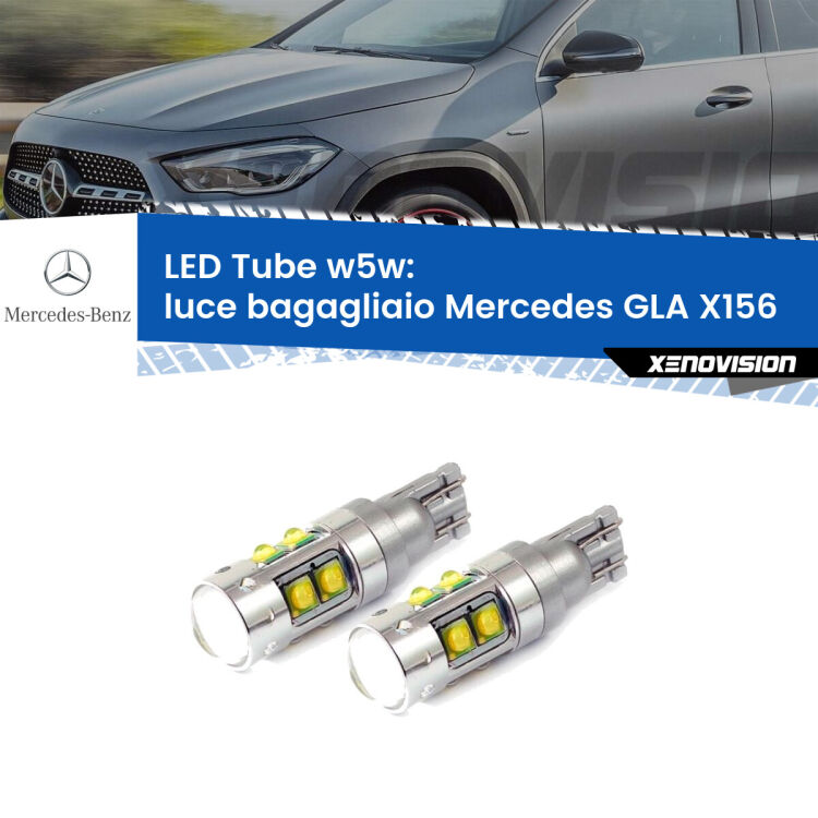 0 Luce Bagagliaio LED W5W Mercedes GLA X156 2013 in poi W5W Tube <strong>Luce Bagagliaio LED 6000k per Mercedes GLA</strong> X156 2013 in poi. Lampadine <strong>W5W</strong> canbus modello Tube, luce bianco lunare, lunga durata e compatibilità.