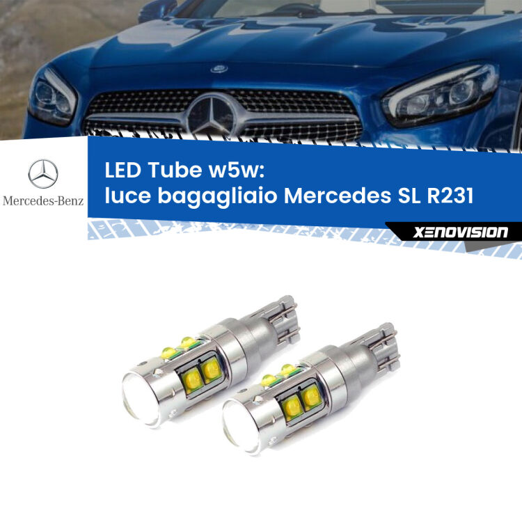 0 Luce Bagagliaio LED W5W Mercedes SL R231 2012 in poi W5W Tube <strong>Luce Bagagliaio LED 6000k per Mercedes SL</strong> R231 2012 in poi. Lampadine <strong>W5W</strong> canbus modello Tube, luce bianco lunare, lunga durata e compatibilità.